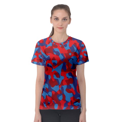 Red And Blue Camouflage Pattern Women s Sport Mesh Tee by SpinnyChairDesigns
