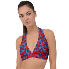 Red And Blue Camouflage Pattern Halter Plunge Bikini Top by SpinnyChairDesigns