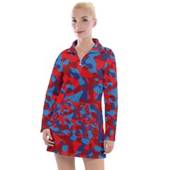 Red And Blue Camouflage Pattern Women s Long Sleeve Casual Dress