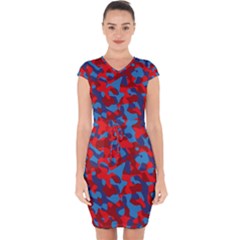 Red And Blue Camouflage Pattern Capsleeve Drawstring Dress 