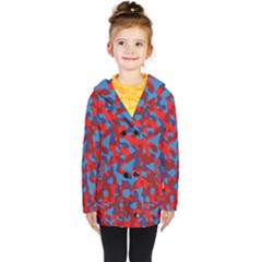 Red And Blue Camouflage Pattern Kids  Double Breasted Button Coat by SpinnyChairDesigns