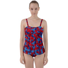 Red And Blue Camouflage Pattern Twist Front Tankini Set by SpinnyChairDesigns