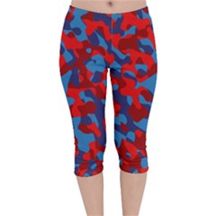 Red And Blue Camouflage Pattern Velvet Capri Leggings  by SpinnyChairDesigns