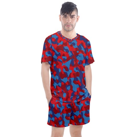 Red And Blue Camouflage Pattern Men s Mesh Tee And Shorts Set by SpinnyChairDesigns