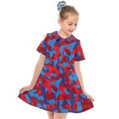 Red And Blue Camouflage Pattern Kids  Short Sleeve Shirt Dress by SpinnyChairDesigns