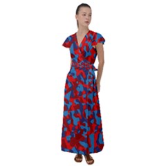 Red and Blue Camouflage Pattern Flutter Sleeve Maxi Dress