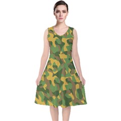 Yellow Green Brown Camouflage V-neck Midi Sleeveless Dress 