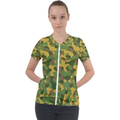 Yellow Green Brown Camouflage Short Sleeve Zip Up Jacket by SpinnyChairDesigns