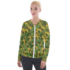 Yellow Green Brown Camouflage Velour Zip Up Jacket by SpinnyChairDesigns