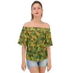 Yellow Green Brown Camouflage Off Shoulder Short Sleeve Top