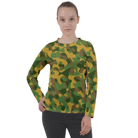 Yellow Green Brown Camouflage Women s Long Sleeve Raglan Tee by SpinnyChairDesigns