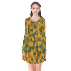 Green And Orange Camouflage Pattern Long Sleeve V-neck Flare Dress