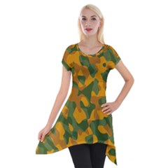 Green And Orange Camouflage Pattern Short Sleeve Side Drop Tunic by SpinnyChairDesigns