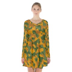 Green And Orange Camouflage Pattern Long Sleeve Velvet V-neck Dress