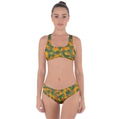 Green And Orange Camouflage Pattern Criss Cross Bikini Set by SpinnyChairDesigns