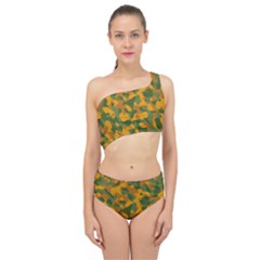 Green And Orange Camouflage Pattern Spliced Up Two Piece Swimsuit by SpinnyChairDesigns