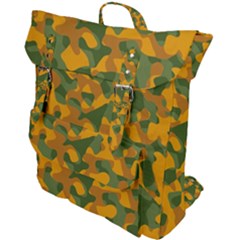 Green And Orange Camouflage Pattern Buckle Up Backpack by SpinnyChairDesigns