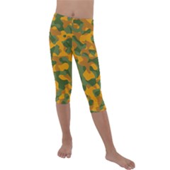 Green And Orange Camouflage Pattern Kids  Lightweight Velour Capri Leggings  by SpinnyChairDesigns