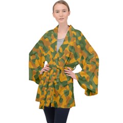 Green And Orange Camouflage Pattern Long Sleeve Velvet Kimono  by SpinnyChairDesigns