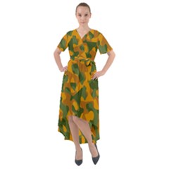 Green And Orange Camouflage Pattern Front Wrap High Low Dress