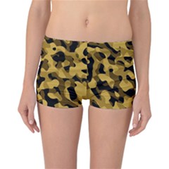 Black Yellow Brown Camouflage Pattern Reversible Boyleg Bikini Bottoms by SpinnyChairDesigns