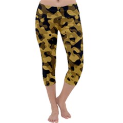 Black Yellow Brown Camouflage Pattern Capri Yoga Leggings by SpinnyChairDesigns