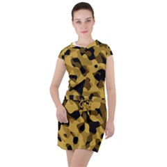 Black Yellow Brown Camouflage Pattern Drawstring Hooded Dress by SpinnyChairDesigns