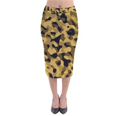 Black Yellow Brown Camouflage Pattern Velvet Midi Pencil Skirt by SpinnyChairDesigns