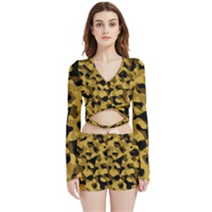 Black Yellow Brown Camouflage Pattern Velvet Wrap Crop Top by SpinnyChairDesigns