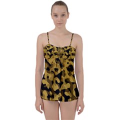 Black Yellow Brown Camouflage Pattern Babydoll Tankini Set by SpinnyChairDesigns