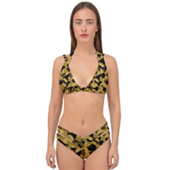 Black Yellow Brown Camouflage Pattern Double Strap Halter Bikini Set by SpinnyChairDesigns