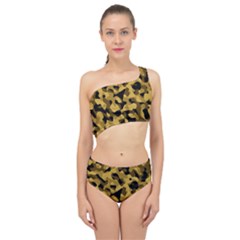 Black Yellow Brown Camouflage Pattern Spliced Up Two Piece Swimsuit by SpinnyChairDesigns