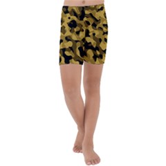 Black Yellow Brown Camouflage Pattern Kids  Lightweight Velour Capri Yoga Leggings by SpinnyChairDesigns
