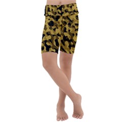 Black Yellow Brown Camouflage Pattern Kids  Lightweight Velour Cropped Yoga Leggings by SpinnyChairDesigns