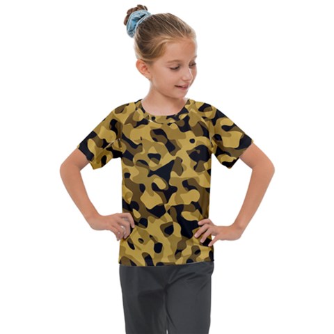 Black Yellow Brown Camouflage Pattern Kids  Mesh Piece Tee by SpinnyChairDesigns