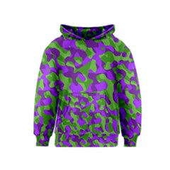 Purple And Green Camouflage Kids  Pullover Hoodie by SpinnyChairDesigns