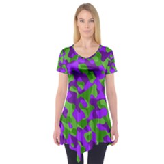 Purple And Green Camouflage Short Sleeve Tunic  by SpinnyChairDesigns