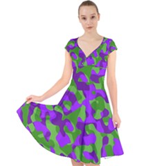 Purple And Green Camouflage Cap Sleeve Front Wrap Midi Dress by SpinnyChairDesigns