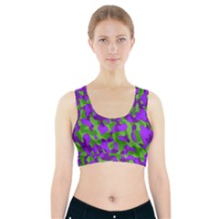 Purple And Green Camouflage Sports Bra With Pocket by SpinnyChairDesigns