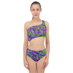 Purple And Green Camouflage Spliced Up Two Piece Swimsuit by SpinnyChairDesigns