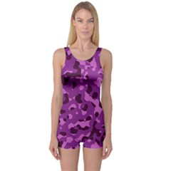 Dark Purple Camouflage Pattern One Piece Boyleg Swimsuit