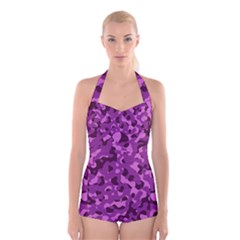 Dark Purple Camouflage Pattern Boyleg Halter Swimsuit 