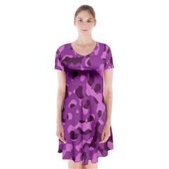 Dark Purple Camouflage Pattern Short Sleeve V-neck Flare Dress