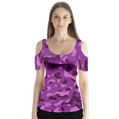 Dark Purple Camouflage Pattern Butterfly Sleeve Cutout Tee 