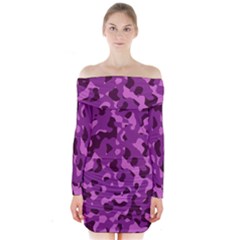 Dark Purple Camouflage Pattern Long Sleeve Off Shoulder Dress