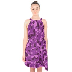 Dark Purple Camouflage Pattern Halter Collar Waist Tie Chiffon Dress