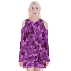 Dark Purple Camouflage Pattern Velvet Long Sleeve Shoulder Cutout Dress