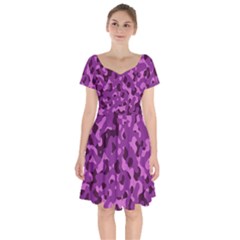 Dark Purple Camouflage Pattern Short Sleeve Bardot Dress by SpinnyChairDesigns