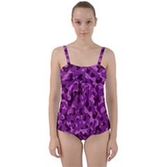 Dark Purple Camouflage Pattern Twist Front Tankini Set