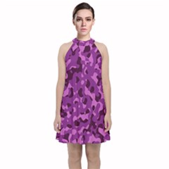 Dark Purple Camouflage Pattern Velvet Halter Neckline Dress  by SpinnyChairDesigns